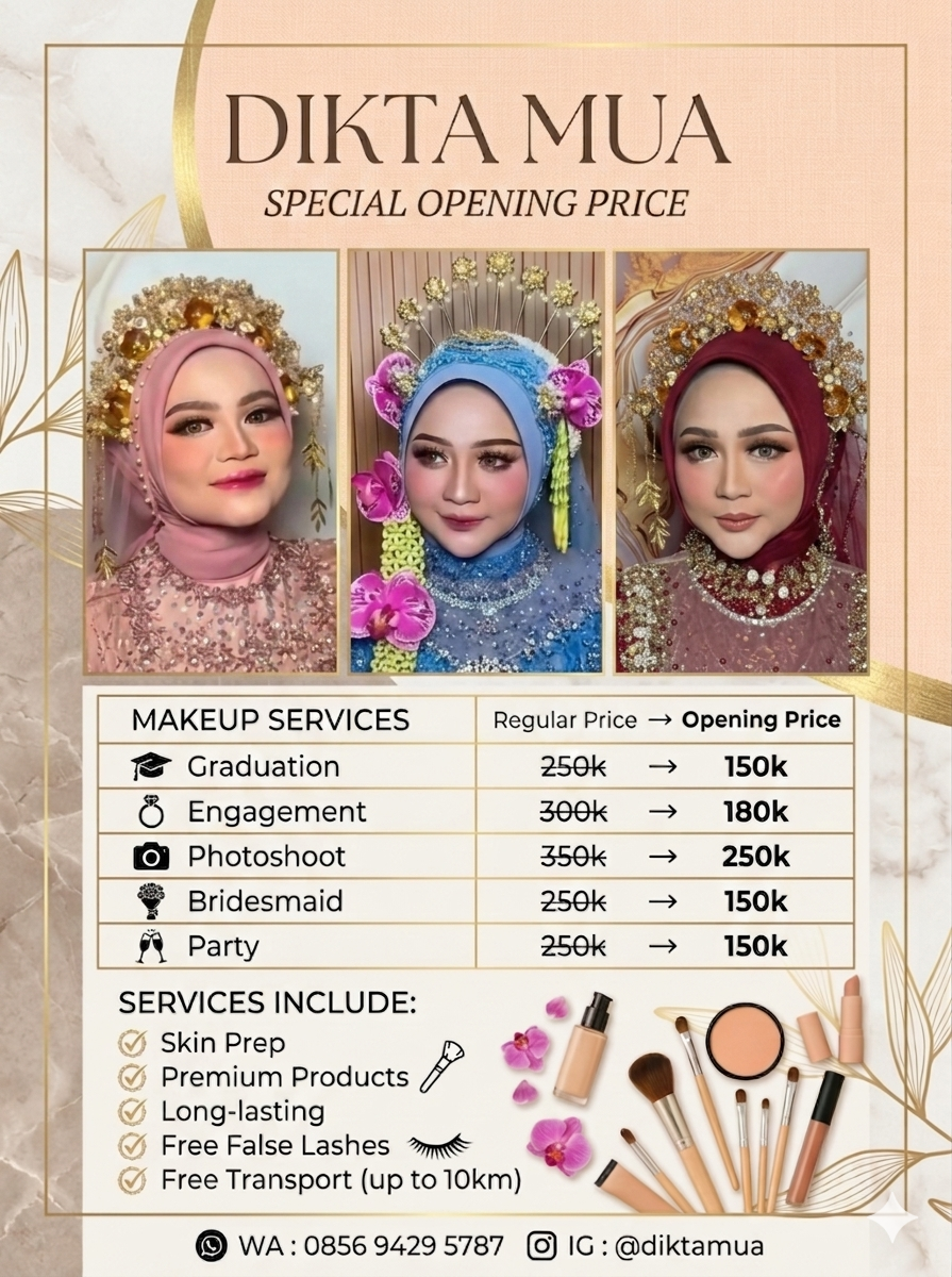 Poster harga opening Dikta MUA dengan contoh makeup
